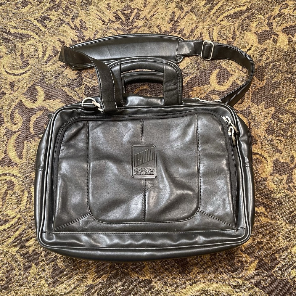 Sony Pictures Black Compaq Leather Laptop Case Shoulder Bag Satchel 14 in